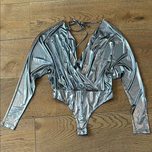 Metallic Silver Long-Sleeve Surplice Bodysuit